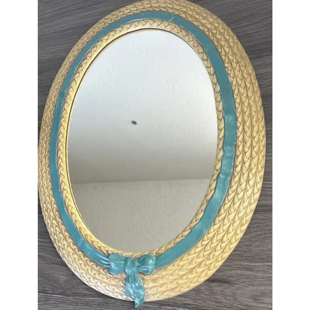 Vintage Burwood Faux Wicker Oval Mirror 2939 Teal Ribbon USA Wall Cottagecore